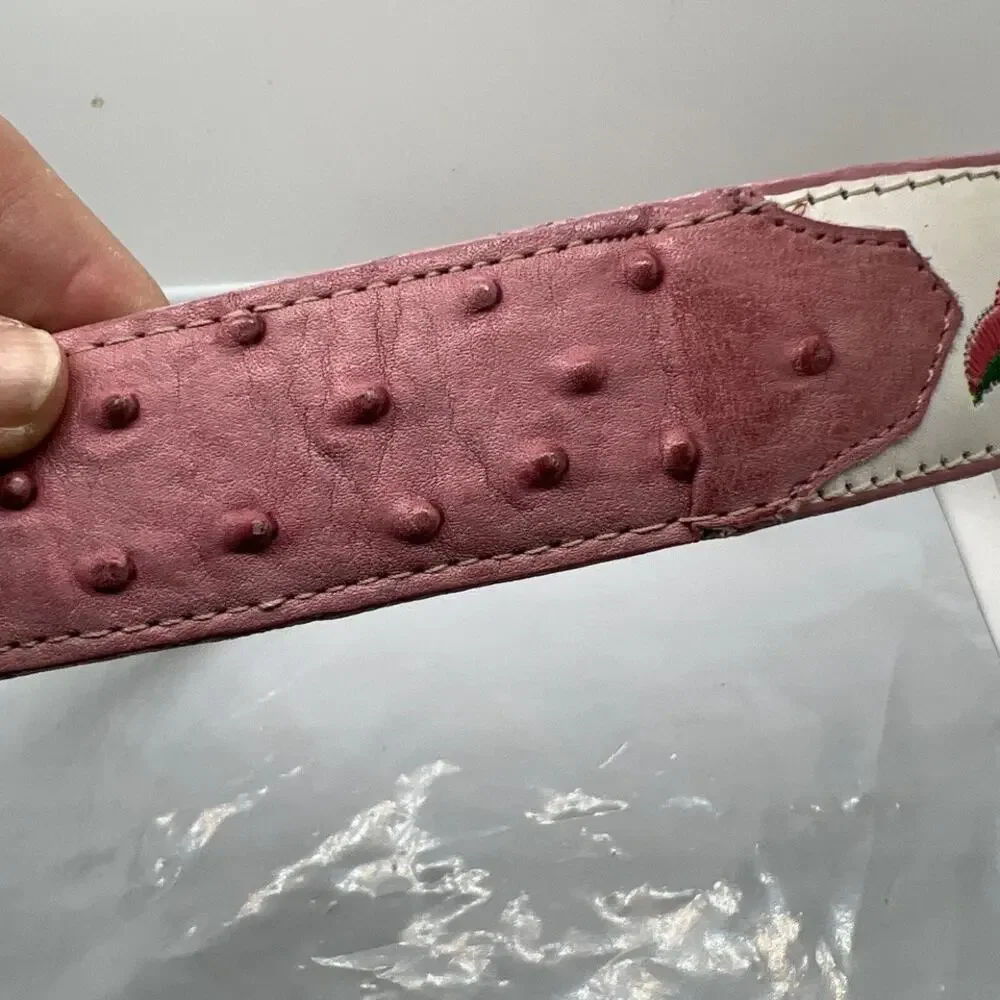 Aguila Real Leather Pink Caiman‎ Tail Embroidered Flowers Belt Rare Size 32